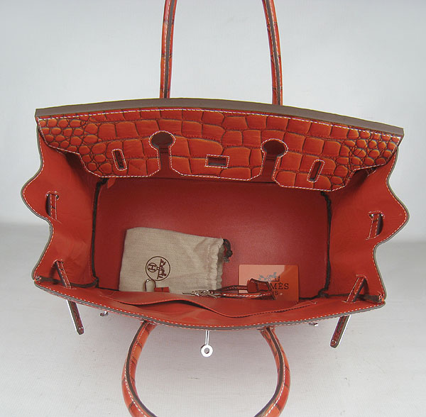 High Quality Fake Hermes Birkin 35CM Crocodile Veins Leather Bag Dark Orange 6089